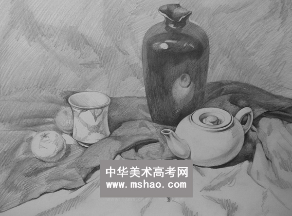 素描静物白色的茶壶空纸杯橘子陶罐子