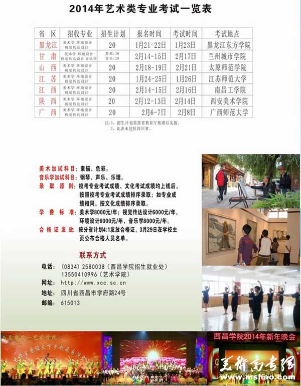 西昌学院2014年艺术类专业招生简章