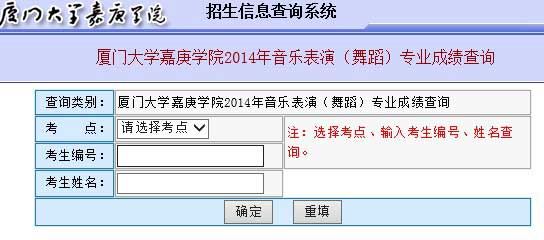 厦门大学嘉庚学院2014年音乐表演（舞蹈）专业成绩查询