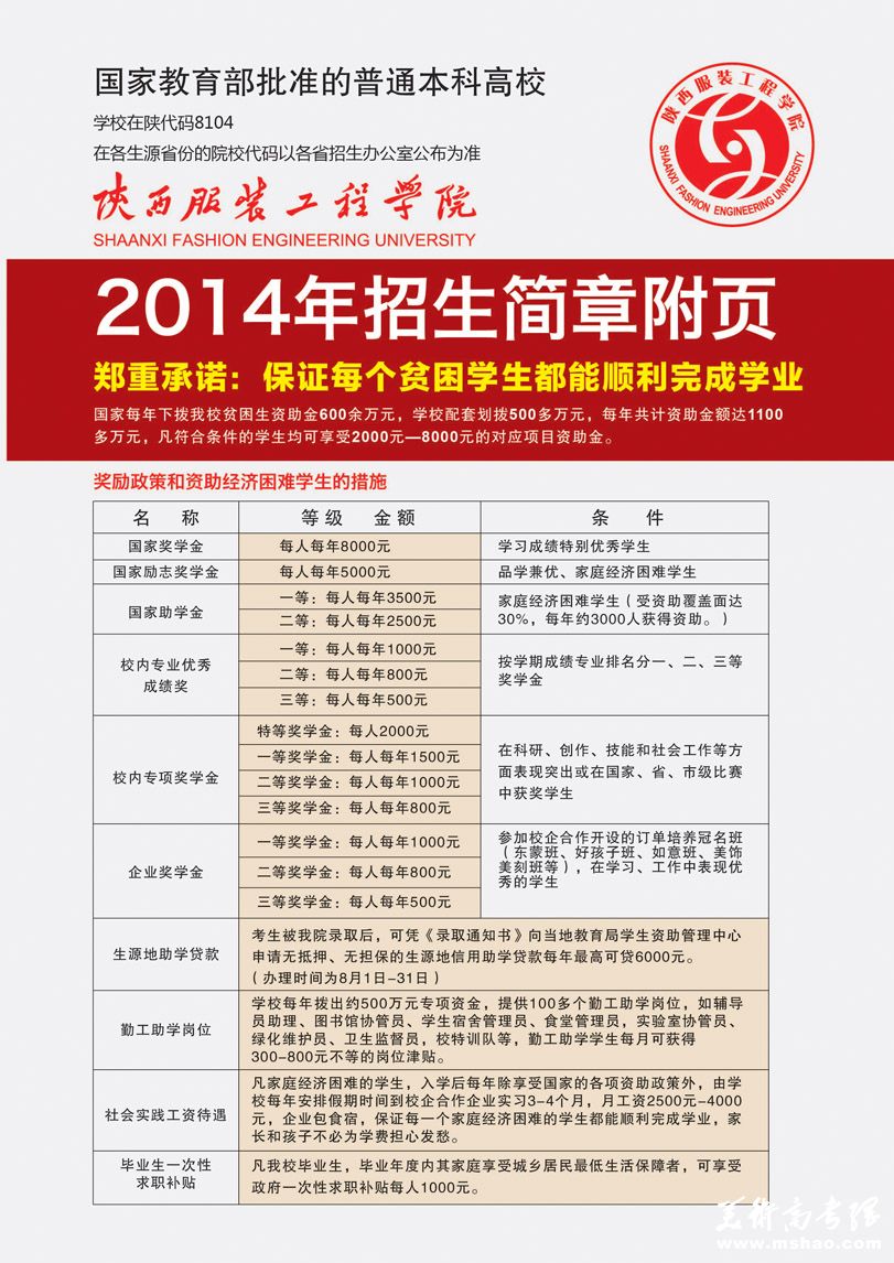 陕西服装工程学院2014年招生简章