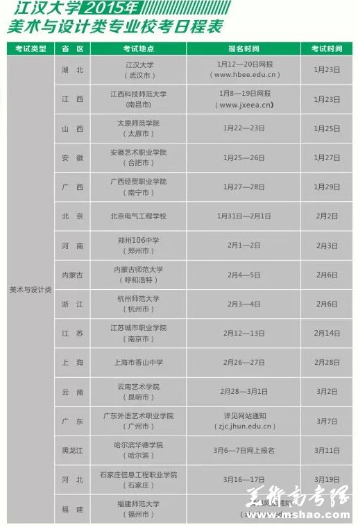 江汉大学2015年美术类专业校考考点时间安排