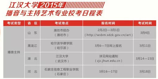 江汉大学2015年播音与主持艺术专业校考时间安排