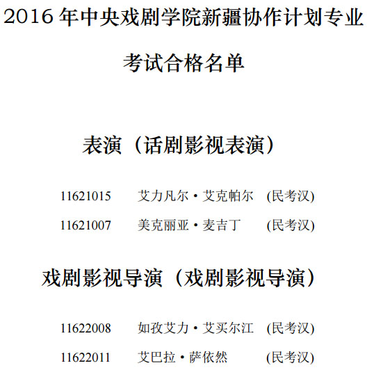 中央戏剧学院2016新疆协作计划合格名单公示