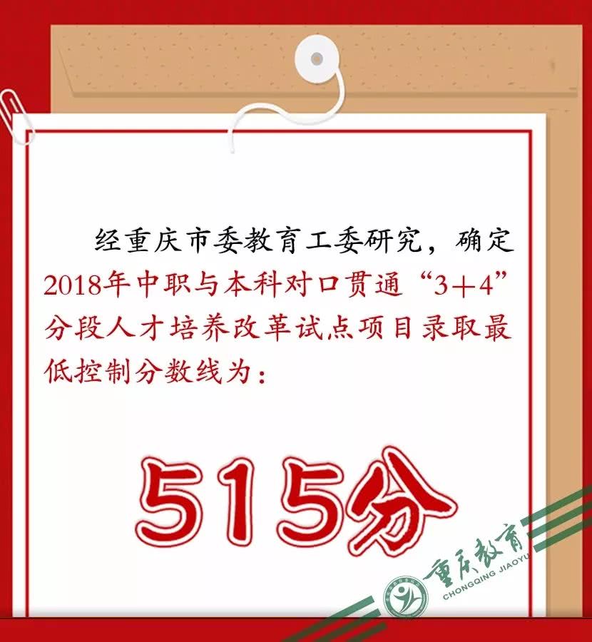 2018年重庆中职“3+4”对口贯通最低录取控制分数线515分