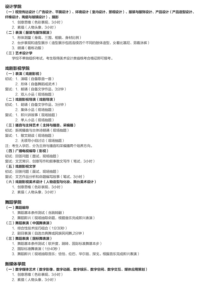 吉林艺术学院2020年本科招生专业考试内容