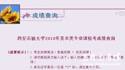 西安石油大学2010年美术类专业成绩查询