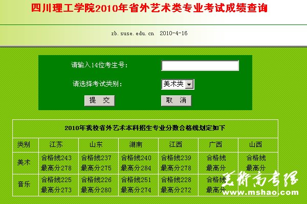 四川理工学院2010年艺术类专业成绩查询