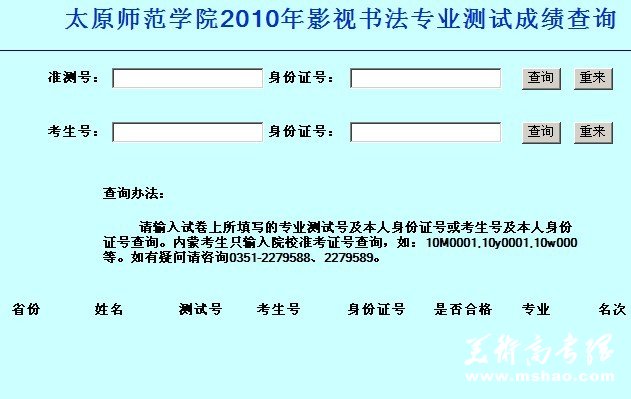 2010年太原师范学院艺术类专业成绩查询