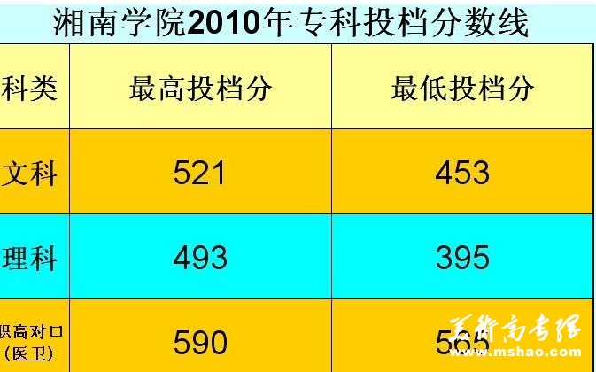 湘南学院2010年专科投档分数线