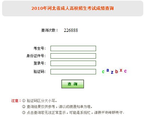2010年河北成人高考成绩查询