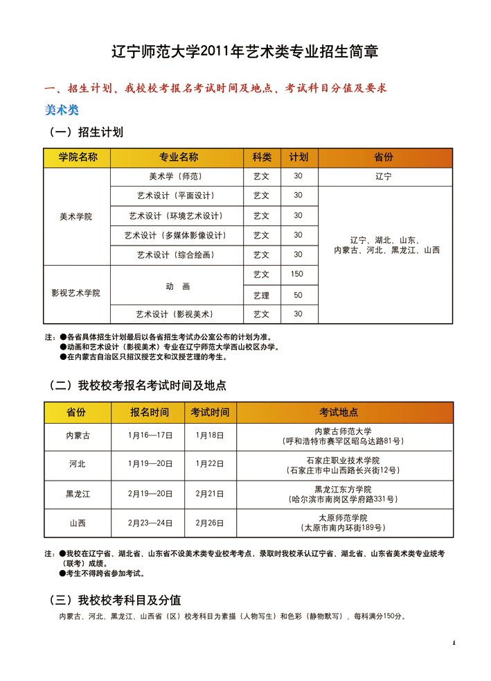 2011年辽宁师范大学艺术类招生简章