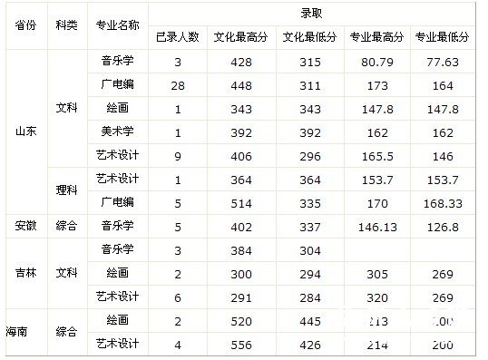 2011年九江学院艺术类录取分数线