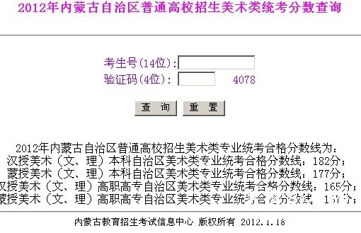 2012年内蒙古美术联考成绩查询